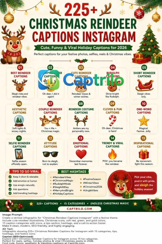 Christmas Reindeer Captions Instagram infographic featuring 225+ cute, funny, aesthetic, and viral holiday caption ideas with a reindeer theme and Christmas design.