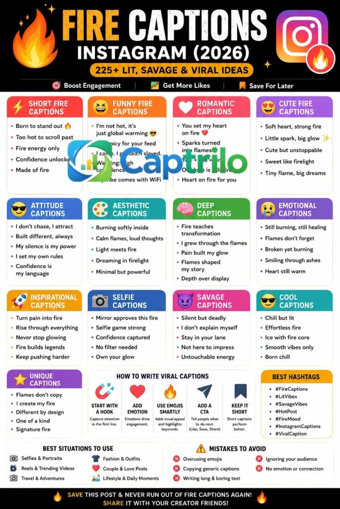 Fire Captions Instagram 2026 infographic featuring savage, aesthetic, funny, and viral caption ideas for Instagram posts, selfies, and reels.