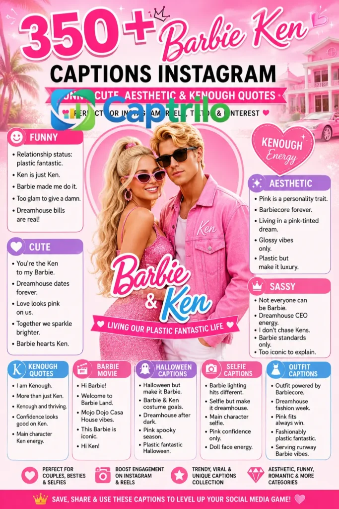 Barbie and Ken couple posing in stylish pink Barbiecore outfits for an Instagram caption inspiration article