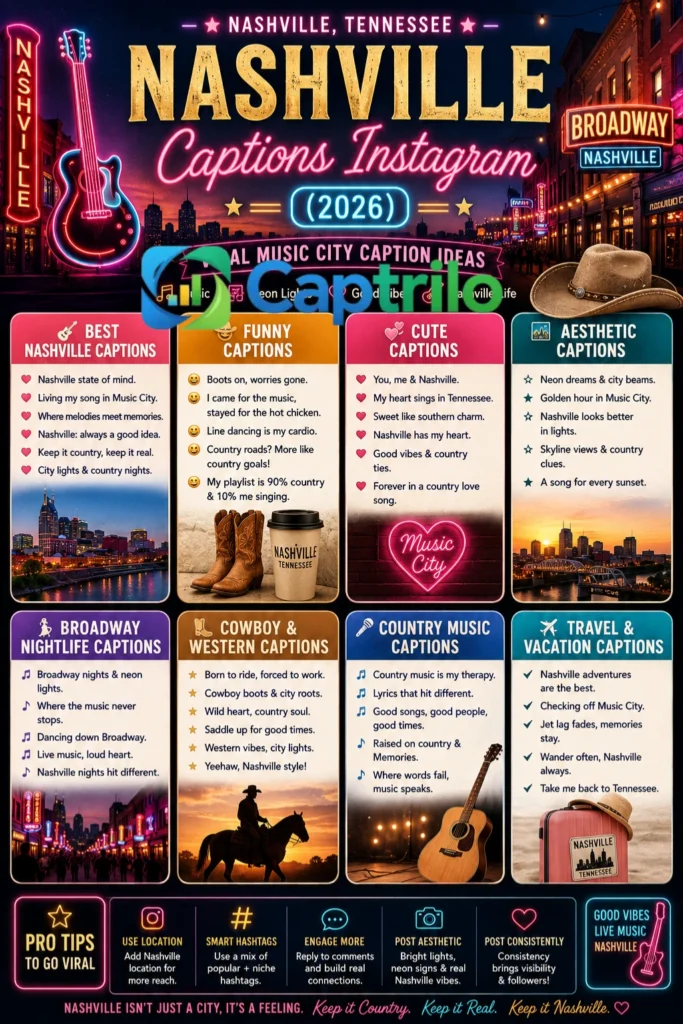 Aesthetic Nashville, Tennessee, Broadway street at night with neon lights, live country music vibes, cowboy boots, and vibrant Music City atmosphere for Instagram captions 2026.