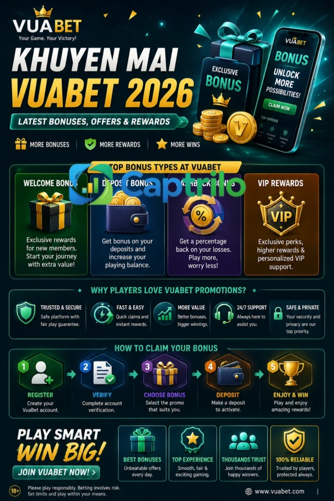 Modern promotional illustration for Khuyen Mai VuaBet 2026 showing bonus offers, cashback rewards, and VIP betting promotions in a clean digital design.