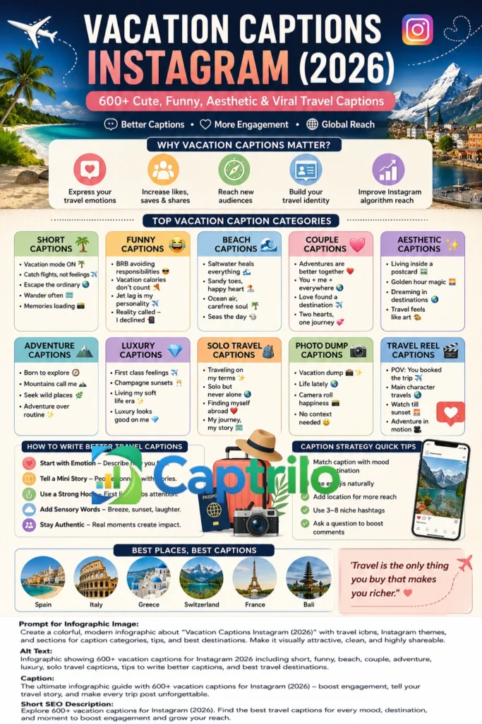 Vacation captions Instagram 2026 guide featuring aesthetic travel photos, beach moments, city exploration, and viral travel caption ideas for social media engagement.