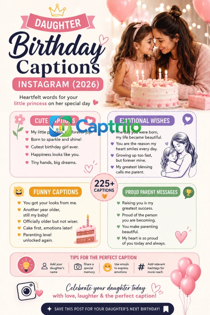 Daughter birthday captions Instagram infographic showing cute, emotional, and proud parent birthday caption ideas for social media posts