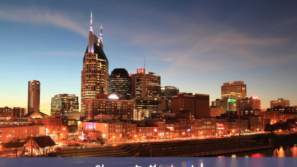 Aesthetic Nashville, Tennessee, Broadway street at night with neon lights, live country music vibes, cowboy boots, and vibrant Music City atmosphere for Instagram captions 2026.