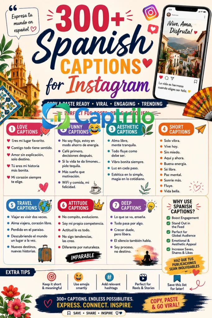 Infographic featuring 300+ Spanish captions for Instagram, including love, funny, aesthetic, travel, attitude, and viral caption ideas for social media posts and reels.