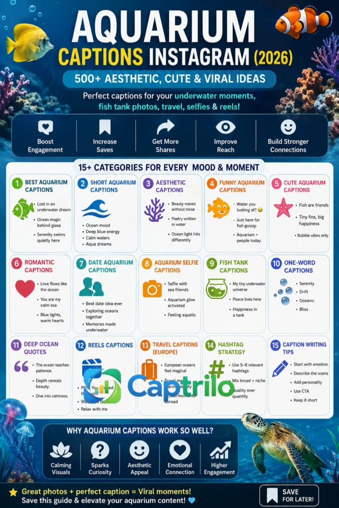
Aquarium Captions Instagram 2026 infographic showing aesthetic, funny, romantic, selfie, and travel caption ideas with engagement tips and hashtag strategy for social media posts.
