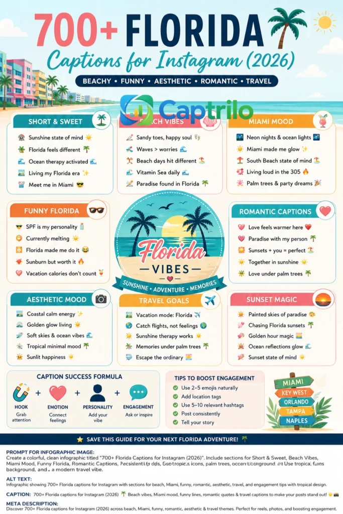 Aesthetic Florida beach scene with palm trees, golden sunset over the ocean, and calm tropical waves, representing travel lifestyle and Instagram captions inspiration.