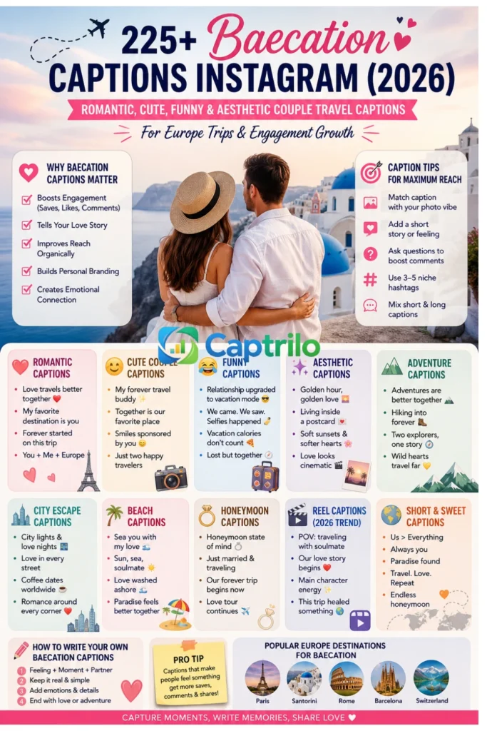  Couple traveling in Europe taking romantic vacation photos with scenic backgrounds, representing baecation captions, Instagram ideas for 2026 including romantic, cute, funny and aesthetic couple travel moments.