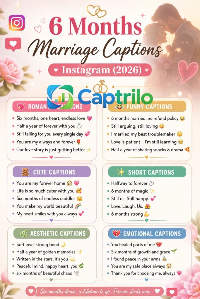 A couple celebrating 6 months of marriage anniversary with romantic, cute, and emotional Instagram captions concept for social media engagement and relationship milestone post in 2026.
