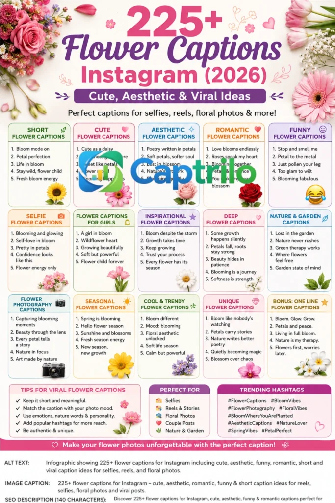 Flower Captions Instagram infographic showing cute, aesthetic, romantic, and short flower caption ideas for Instagram posts and reels