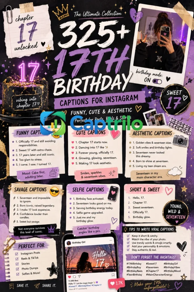  Stylish teen celebrating a 17th birthday with cake, balloons, selfies, and Instagram aesthetic vibes in a trendy party setup.