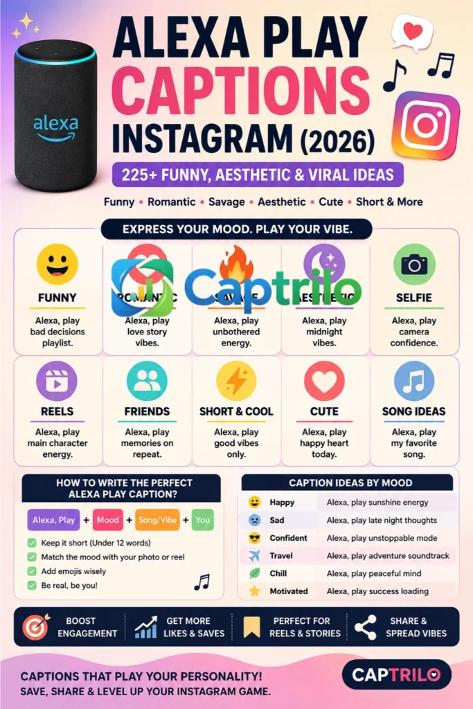 Alexa Play captions Instagram 2026 funny aesthetic romantic viral caption ideas for selfies,s reels and mood posts.
