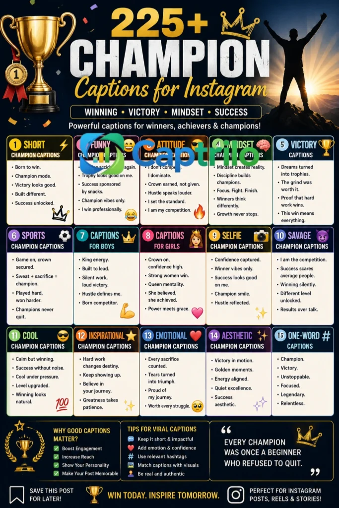 Champion captions for Instagram infographic showing victory, success mindset, winner energy, and motivational caption ideas for social media posts.
