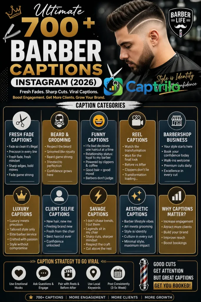 Barber Captions Instagram 2026 infographic featuring 700+ cool, funny, fresh fade, beard, luxury, and professional barber caption ideas for Instagram posts, reels, and barbershop marketing growth.