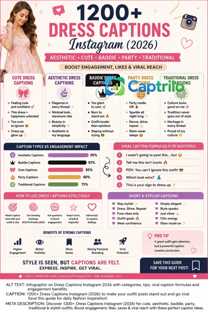 Dress Captions Instagram 2026 aesthetic fashion guide featuring cute, baddie, party, traditional, and stylish outfit captions to boost Instagram engagement, likes, and viral reactions.