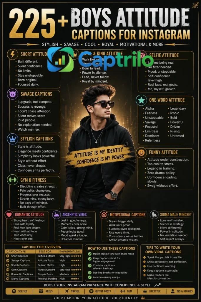 Boys' attitude captions for Instagram infographic showing stylish, savage, cool, and royal caption ideas for selfies, reels, and profile posts.
