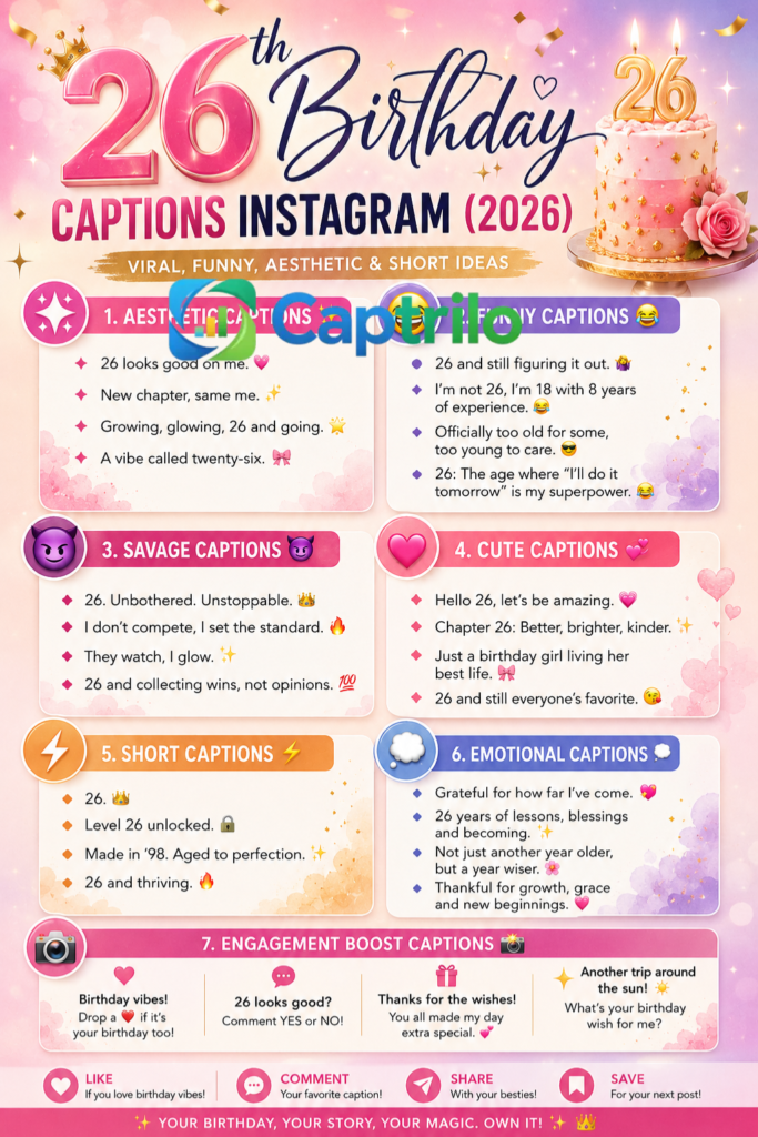 26th birthday celebration aesthetic Instagram post with cake, candles, and soft golden lighting representing milestone birthday captions ideas for 2026