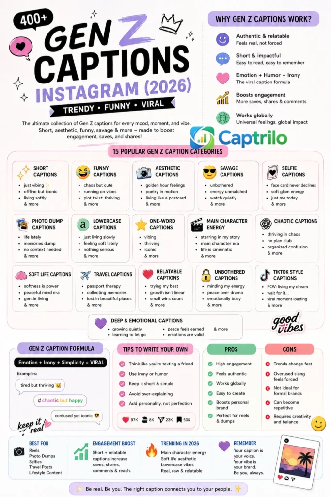 Gen Z captions Instagram 2026 aesthetic infographic showing trendy, funny, short, and viral caption ideas for social media engagement.
