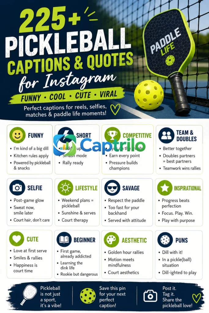 Pickleball captions and quotes for Instagram infographic showing funny, short, cute, and viral caption ideas for pickleball players.