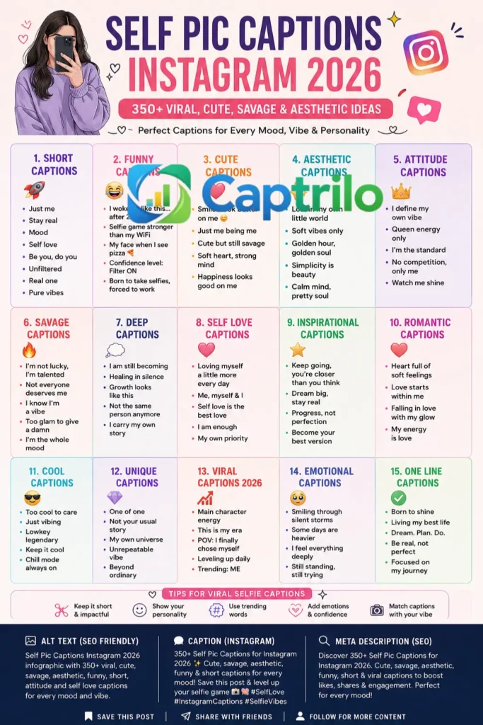 Self Pic Captions Instagram 2026 infographic showing 350+ viral selfie captions including cute, savage, aesthetic, funny, short, and attitude captions for social media engagement.