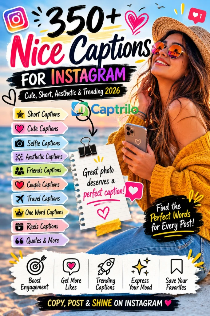Nice Captions for Instagram infographic featuring short, cute, funny, selfie, aesthetic, friendship, couple, travel, and trending caption ideas for Instagram in 2026.