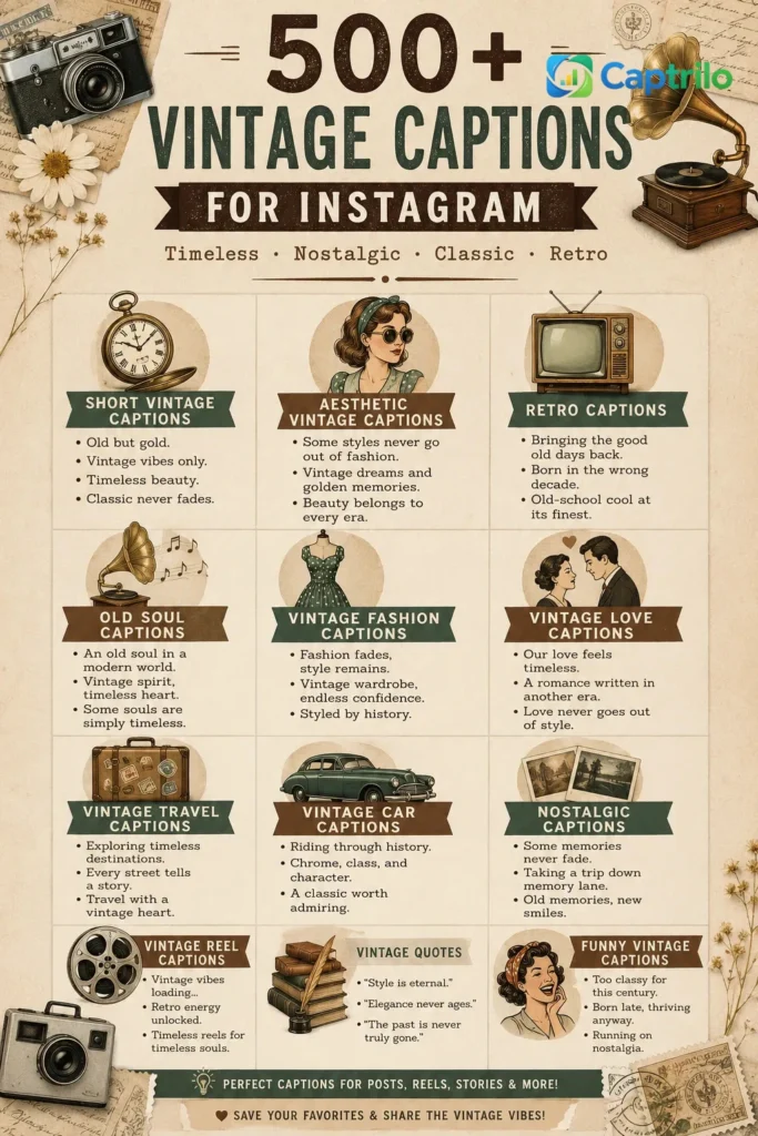 Vintage captions for Instagram collection featuring retro, aesthetic, old soul, romantic, and timeless caption ideas for social media posts.