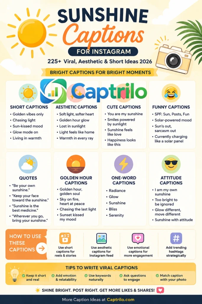 Sunshine Captions Instagram infographic featuring 225+ viral, aesthetic, cute, funny, and short caption ideas for 2026. Includes golden hour captions, sunshine quotes, one-word captions, engagement tips, and strategies for creating viral Instagram posts.