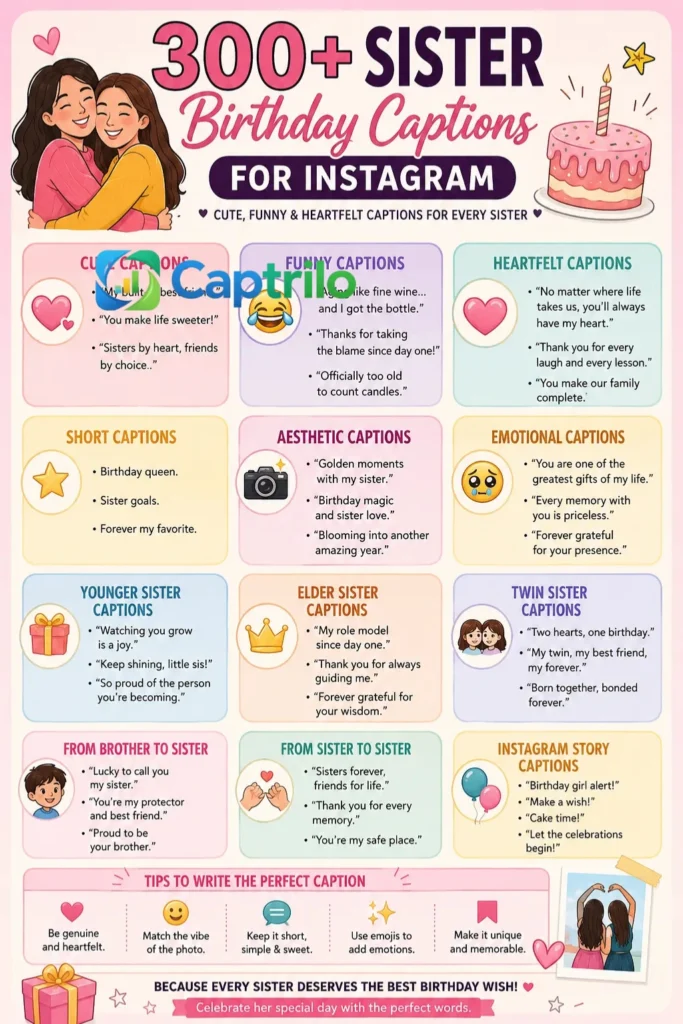 300+ sister birthday captions for Instagram featuring cute, funny, heartfelt, emotional, aesthetic, and unique birthday wishes for sisters in 2026.