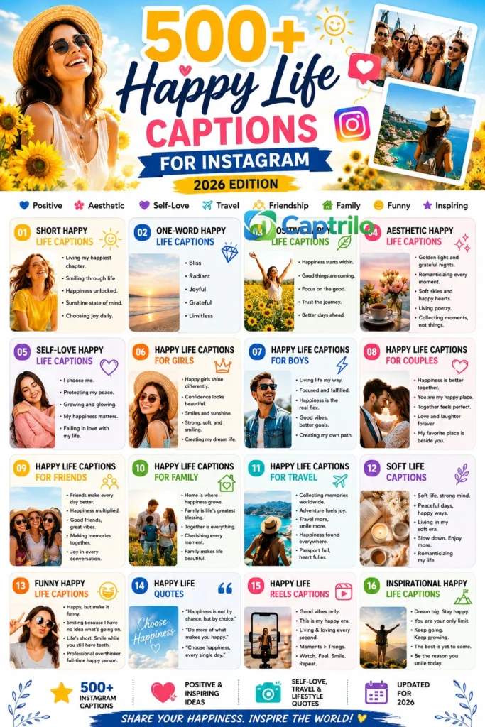 Happy Life Captions for Instagram infographic featuring positive, aesthetic, self-love, travel, family, friendship, and inspiring caption ideas for social media posts in 2026.