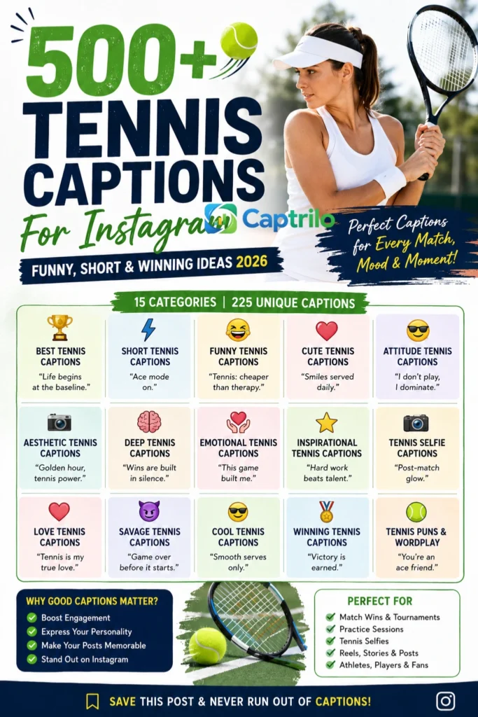 A modern infographic showcasing 500+ tennis captions for Instagram,m including funny, short, attitude, cute, winning, and inspirational tennis captions for social media posts in 2026.