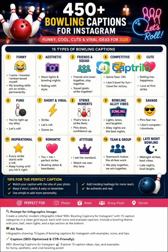 Bowling ball knocking down pins in a modern bowling alley infographic featuring 450+ bowling captions for Instagram, including funny, cute, aesthetic, and viral caption ideas.