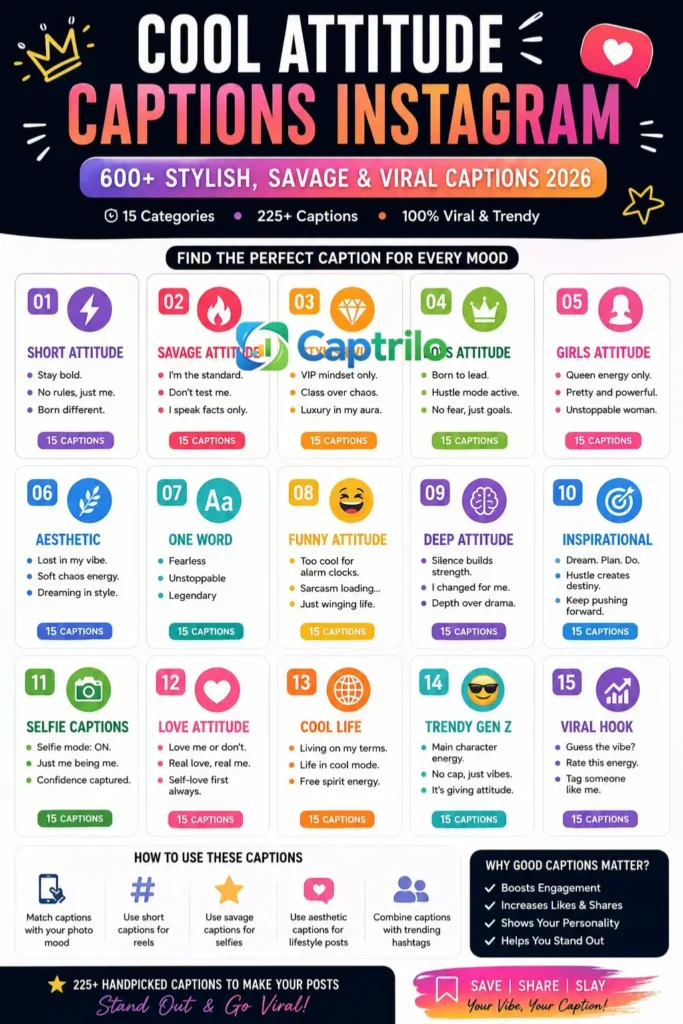 Cool Attitude Captions Instagram 2026 concept showing stylish Gen Z social media vibe with bold typography, aesthetic background, and modern Instagram caption themes.