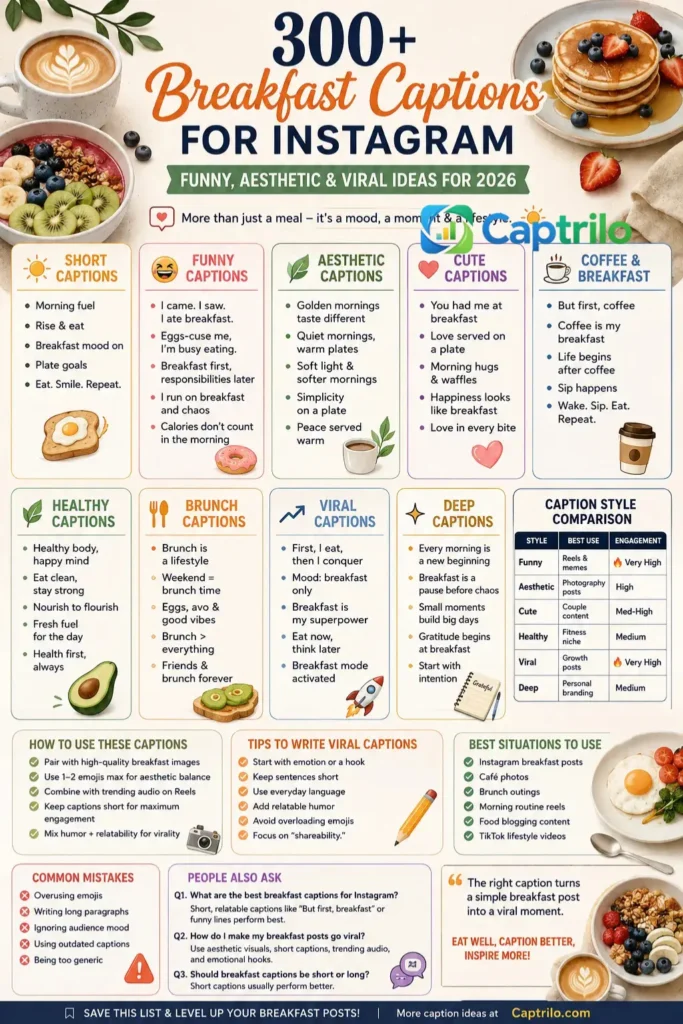 Infographic featuring 300+ Breakfast Captions for Instagram, including funny, aesthetic, cute, coffee, healthy, brunch, viral, and deep caption ideas. The design includes breakfast foods like pancakes, coffee, smoothie bowls, eggs, and avocado toast, along with caption categories, engagement tips, common mistakes, and social media posting advice for Instagram and Reels.