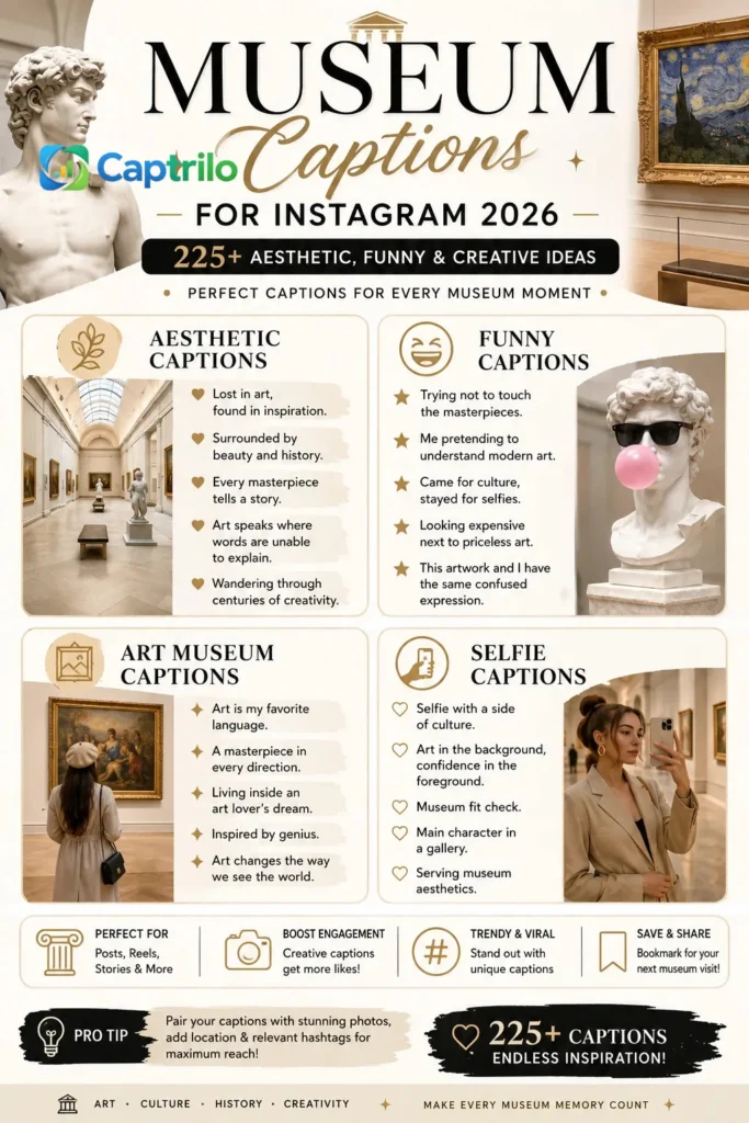 Museum captions for Instagram infographic featuring 225+ aesthetic, funny, creative, art museum, selfie, history museum, science museum, and travel caption ideas for social media posts in 2026.