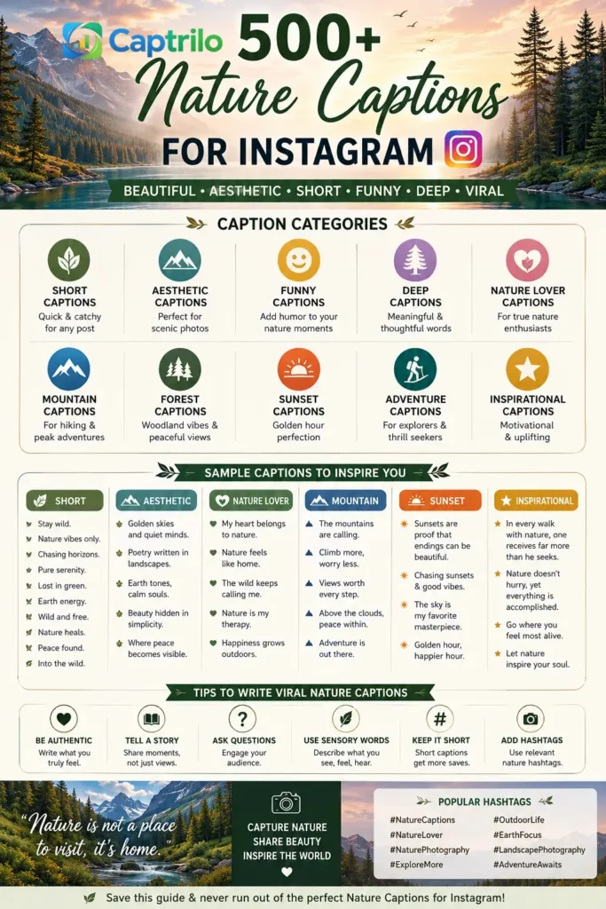 Beautiful nature landscape featuring mountains, forests, rivers, sunsets, and scenic outdoor views with the best Nature Captions for Instagram.
