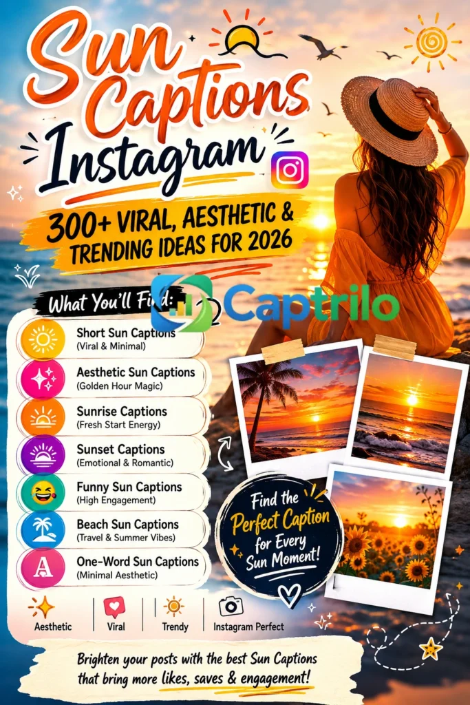  Aesthetic sun captions for Instagram featuring sunrise, sunset, beach, and golden hour photography ideas for viral social media posts in 2026.