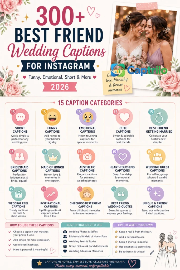 Best friend wedding captions for Instagram featuring bridesmaids, emotional friendship moments, wedding celebrations, candid memories, and joyful wedding day photos.