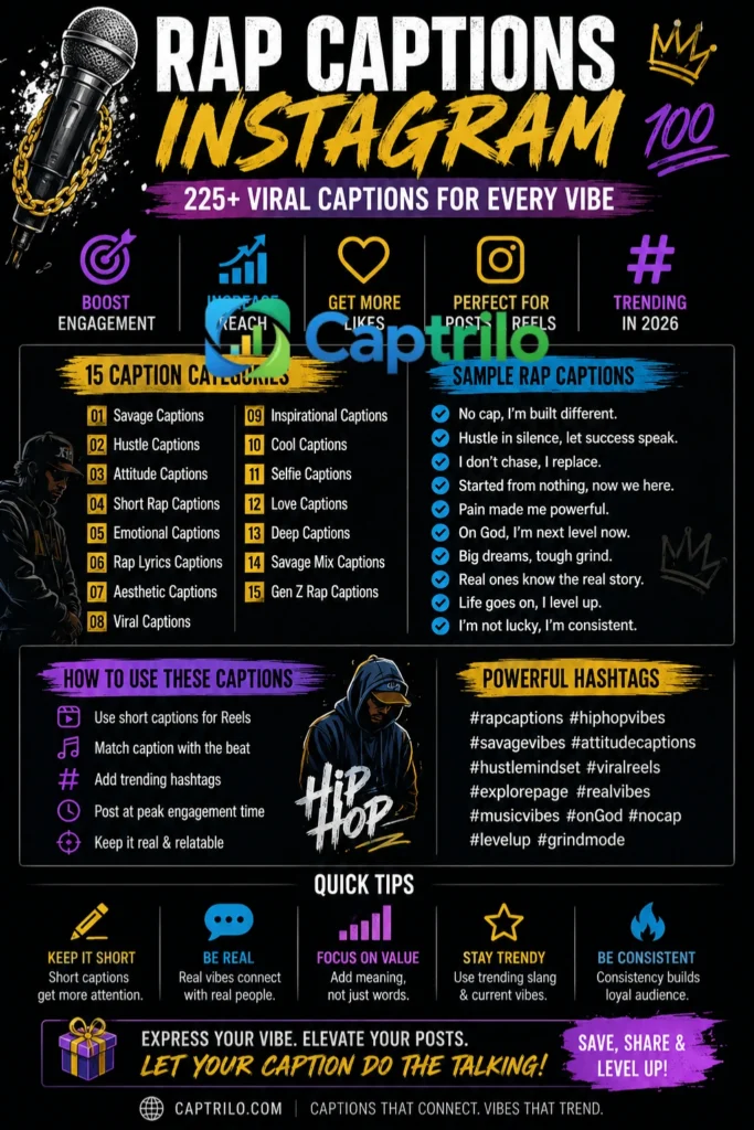 Rap captions for Instagram aesthetic typography on a dark urban background with a hip hop vibe
Viral savage rap captions, Instagram stylish text design for social media engagement
Hustle motivation rap quotes for Instagram posts and reels with bold street style font.
Short rap captions for Instagram reel, aesthetic with minimal text overlay design
