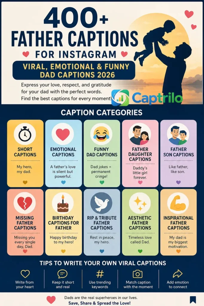 Father captions for Instagram featuring emotional, funny, short, and heartfelt dad quotes for posts, reels, and tribute memories.
