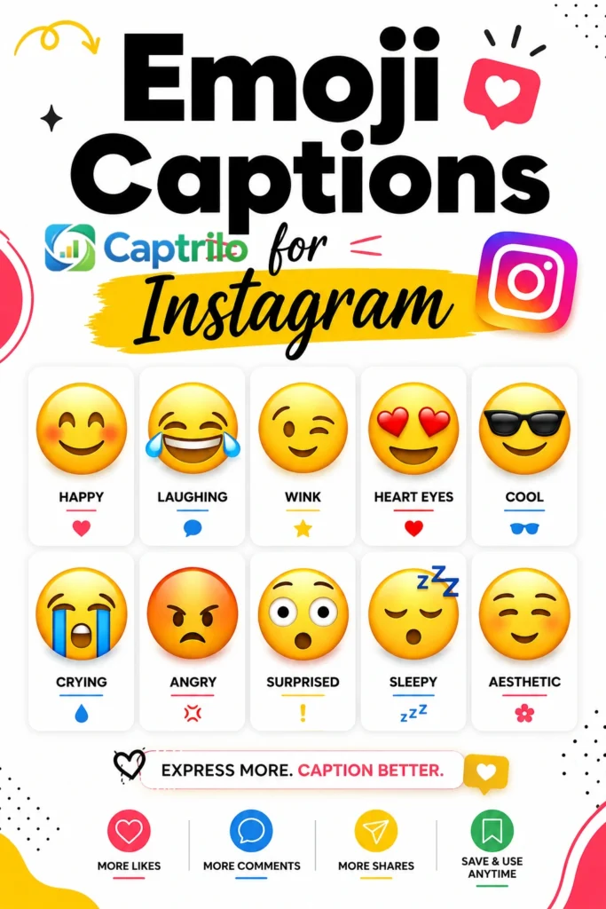 Colorful Instagram-themed infographic featuring 225+ best emoji captions for Instagram, including cute, funny, aesthetic, romantic, selfie, travel, friendship, and trending caption ideas for 2026.