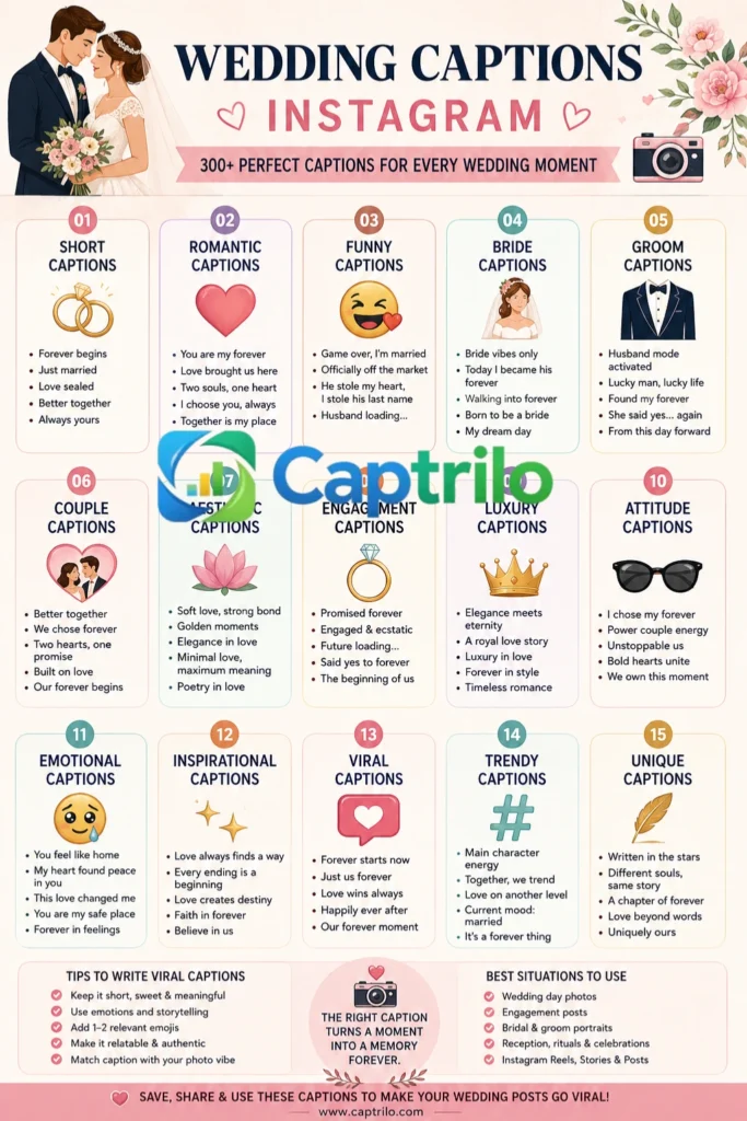 Wedding Captions Instagram infographic featuring 15 caption categories, including romantic, funny, bride, groom, couple, aesthetic, engagement, luxury, attitude, emotional, inspirational, viral, trendy, and unique wedding caption ideas for social media posts.