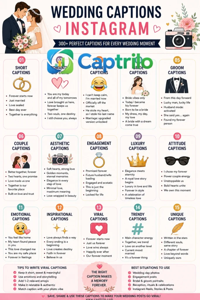 Wedding Captions Instagram infographic featuring 15 caption categories, including romantic, funny, bride, groom, couple, aesthetic, engagement, luxury, attitude, emotional, inspirational, viral, trendy, and unique wedding caption ideas for social media posts.