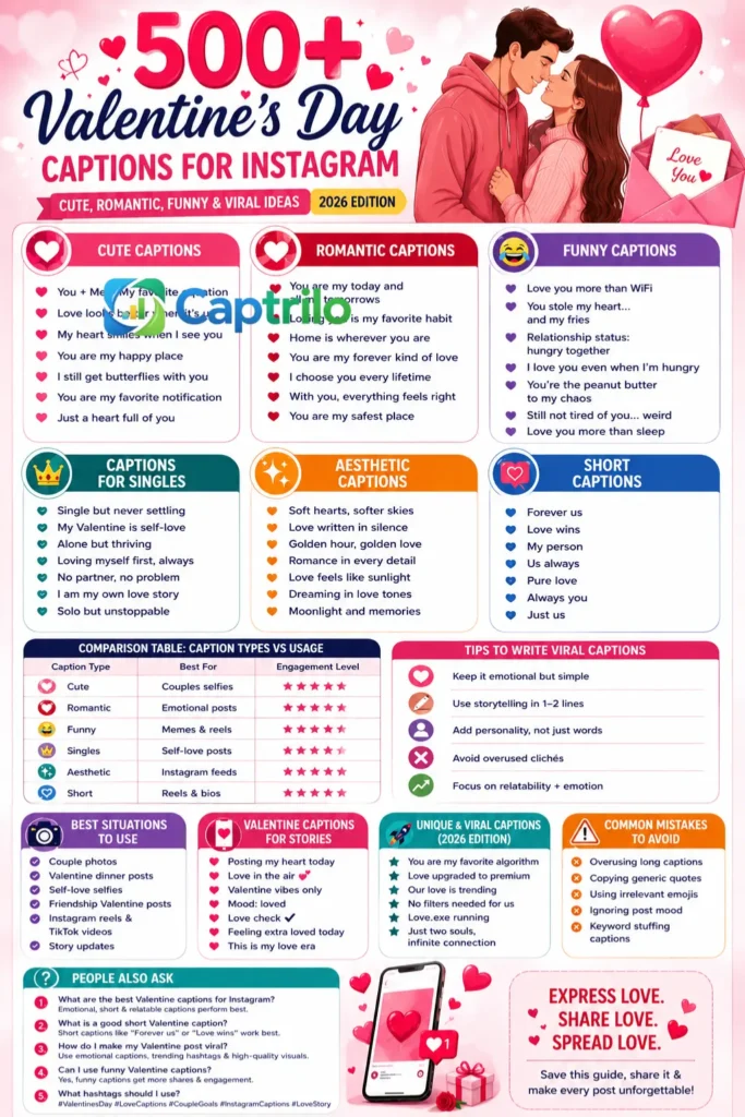 Colorful vertical infographic featuring 500+ Valentine’s Day captions for Instagram, including cute, romantic, funny, aesthetic, and viral caption ideas for couples, singles, reels, stories, and social media posts in 2026.