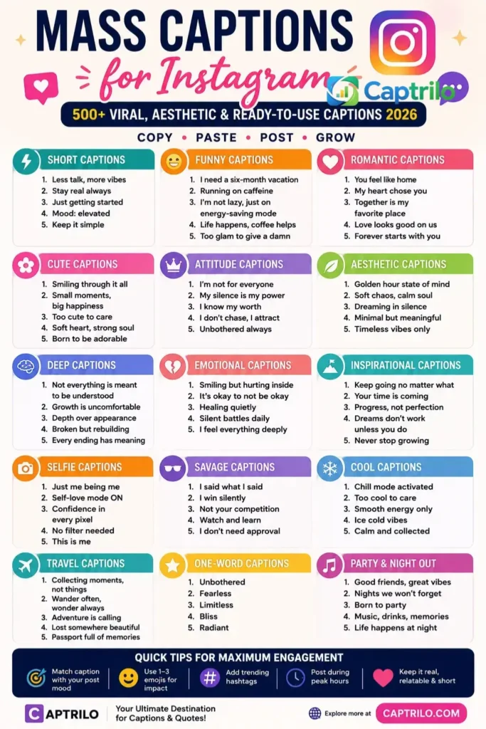 Colorful infographic featuring 500+ mass captions for Instagram 2026, including viral, aesthetic, funny, love, attitude, selfie, travel, and savage caption ideas for social media posts and reels.