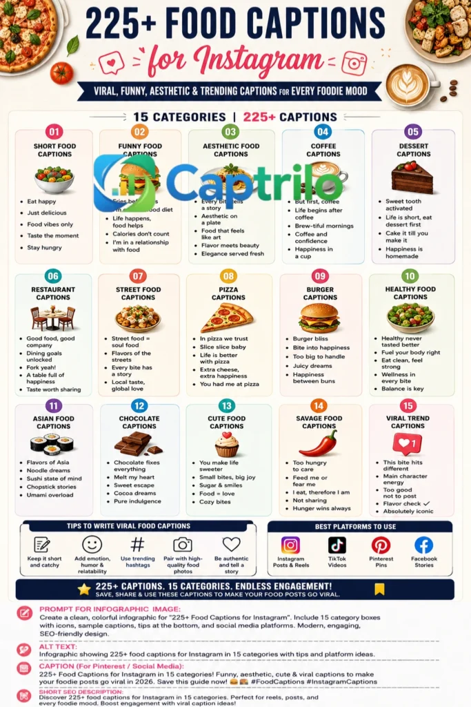 Infographic featuring 225+ food captions for Instagram organized into 15 categories, including funny, aesthetic, cute, coffee, dessert, restaurant, street food, and viral foodie captions.