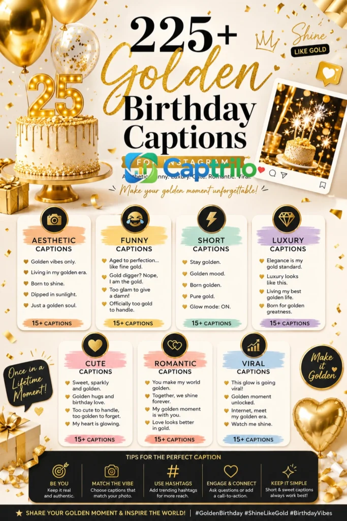 Golden birthday captions Instagram infographic featuring aesthetic, funny, luxury, cute, and viral caption ideas with a gold-themed birthday celebration design