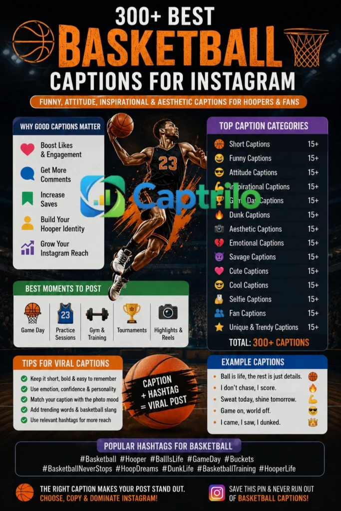 Basketball player holding a ball on an outdoor court with popular basketball Instagram captions, attitude quotes, funny captions, and motivational hooper sayings.