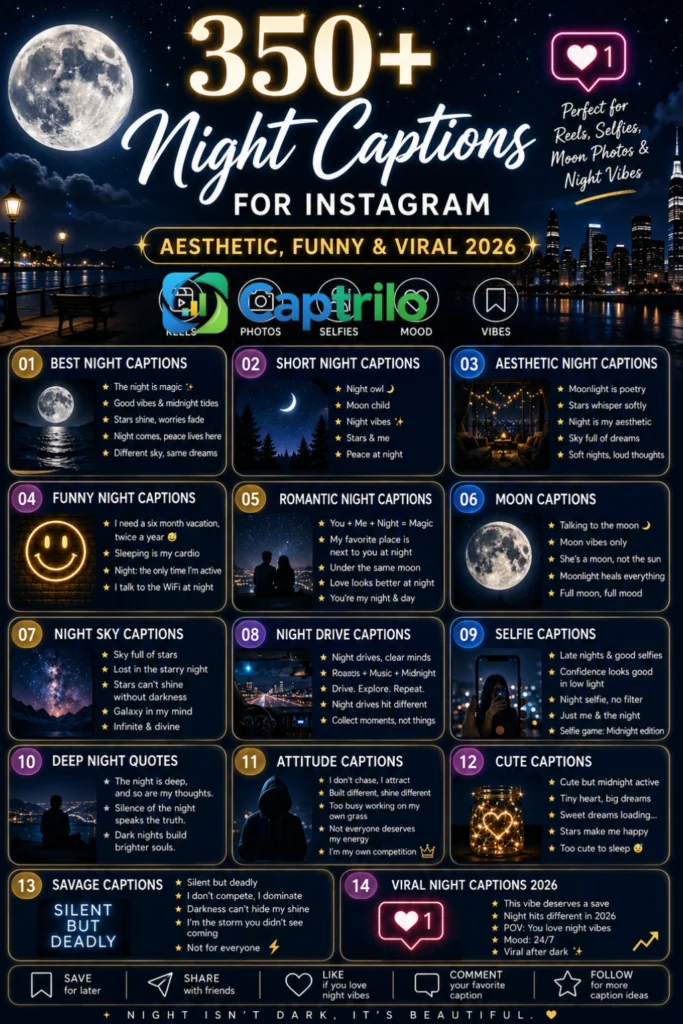 Aesthetic infographic featuring 350+ night captions for Instagram, including aesthetic, funny, romantic, cute, savage, and viral captions for moonlight, city night, and starry night posts.