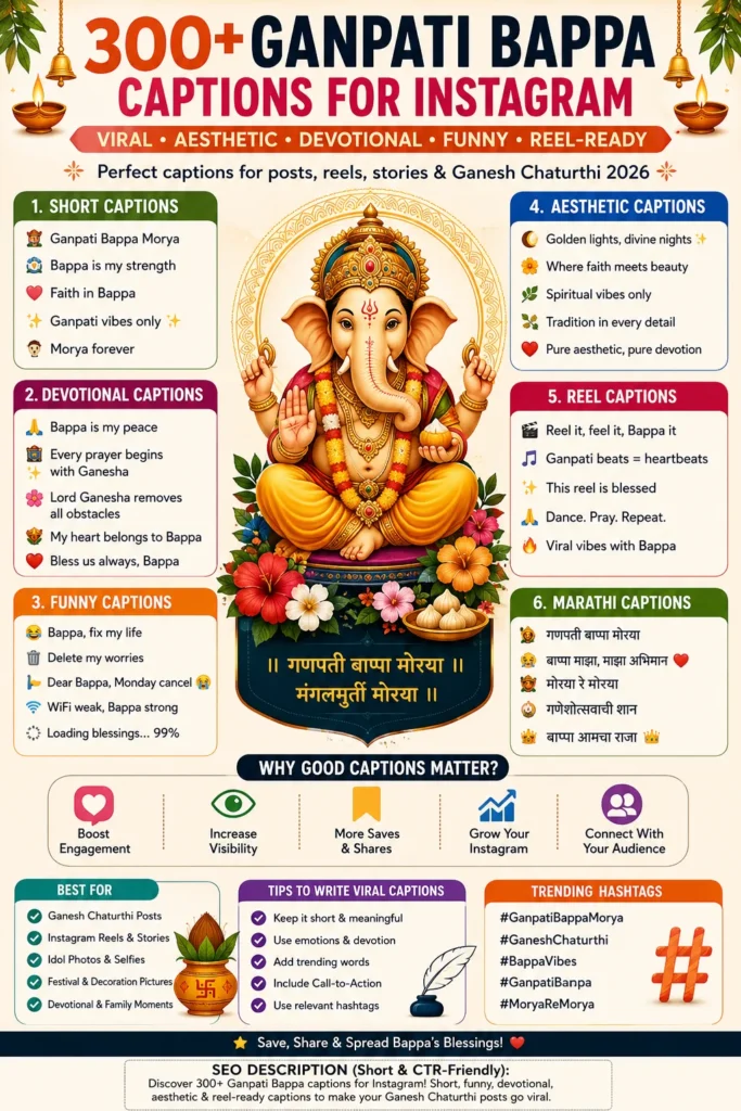 “Festive Ganpati Bappa idol decorated with lights and flowers during Ganesh Chaturthi celebration, representing devotion, culture, and Instagram caption aesthetic.”