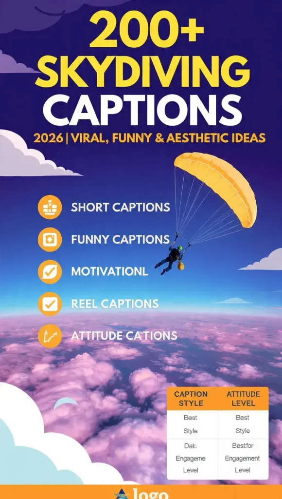 200+ Skydiving Captions for Instagram 2026, including funny, aesthetic, short & viral captions to boost reels, posts, and engagement instantly